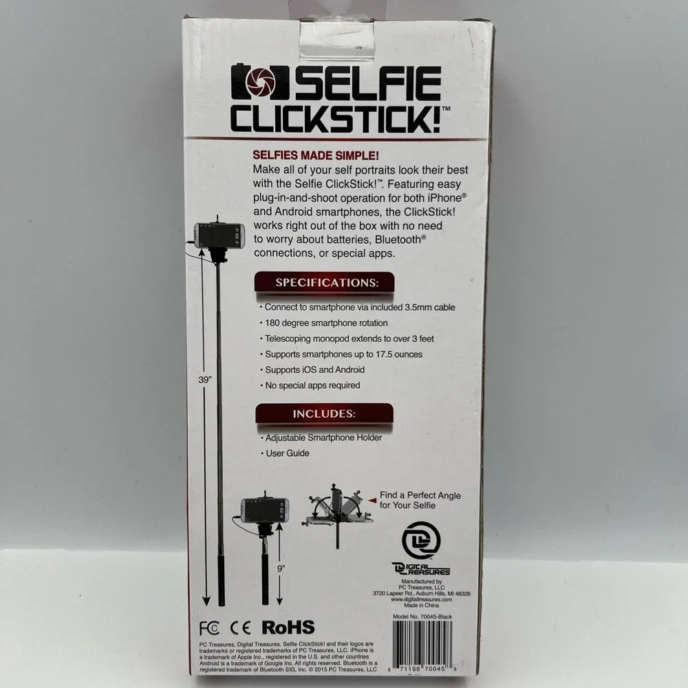 Selfie Stick Portable 39 Inch Android Or iPhone W/ Selfie Button W/ Device Mount